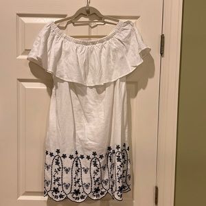 Medium white with blue embroidery off shoulder dress